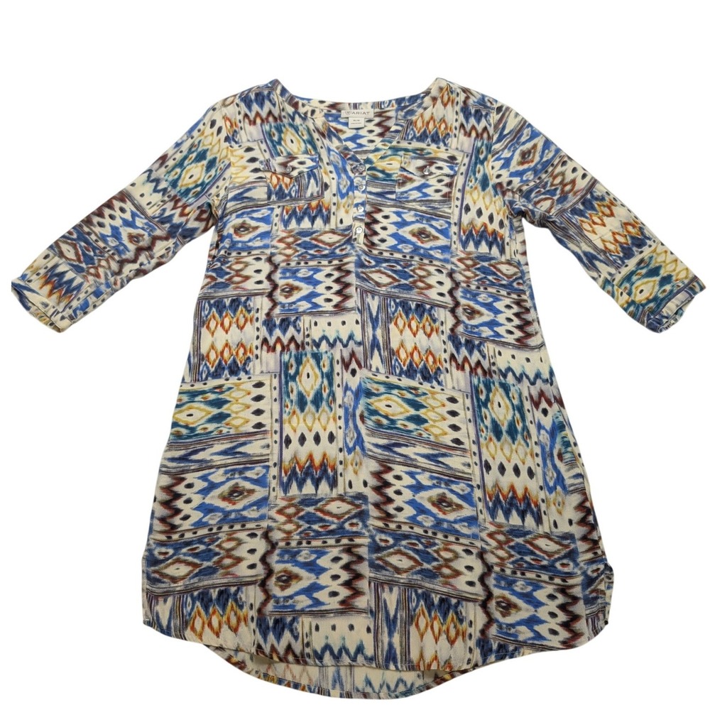 Ariat Tunic Dress Womens Medium Blue Ikat Southwestern 3/4 Sleeve Rayon